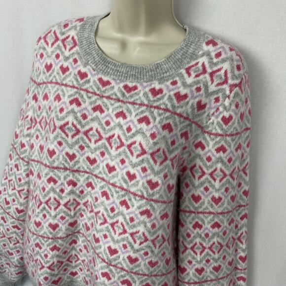 LOFT Sweater Womens Large Gray Pink Heart Fair Isle Balloon Sleeve Cozy Chunky - Picture 2 of 11